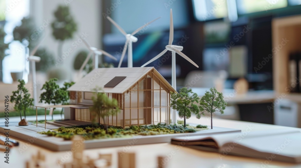 Poster a model of a house with a wind turbine on top
