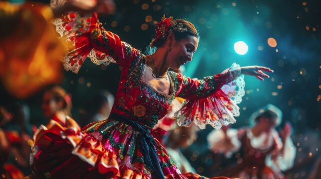 The Flamenco Festival in Seville. holidays in Spain. The girl in Spanish traditional attire. A woman is dancing a traditional Spanish dance