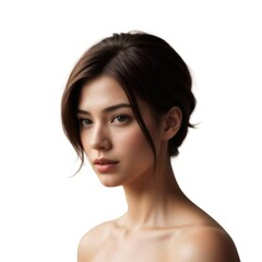 Fototapeta premium AI generative woman with a neatly tied ponytail hairstyle. The hair is sleek and shiny, pulled back smoothly. The background is isolated, pure white, to highlight the hairstyle details