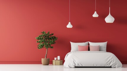 A modern bedroom with a subtle red color scheme, designed in a minimalist style with clean lines and uncluttered space. The image offers plenty of copy space for customization.