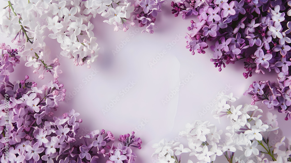 Poster flowers composition border made of lilac and white flowers flat lay top view copy space : generative