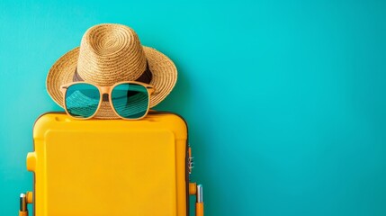 Vacation Ready: Yellow Suitcase with Summer Hat and Sunglasses Generative AI