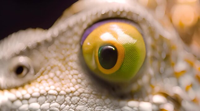Close up of a chameleon's face with its eyes looking in different directions