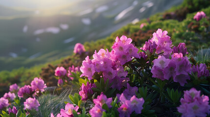 Obraz premium Magic pink rhododendron flowers on summer mountain : Generative AI