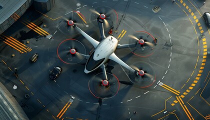 Technological air transport taxi for transporting people and goods in big cities. The quadcopter is standing on the take-off pad at the airport.