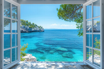 Amazing view from the open window of room overlooking blue sea with clean crystal water in sunny...