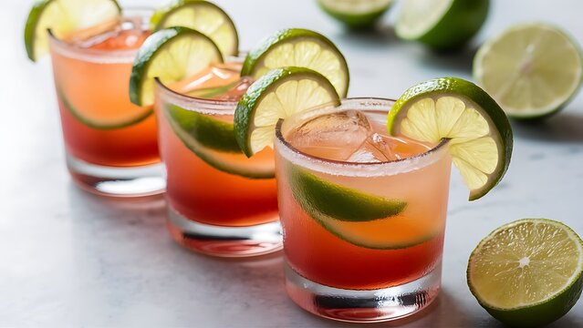 Small glasses of tequila and lime slices