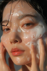 Beautiful Korean woman model washes her face with foam 