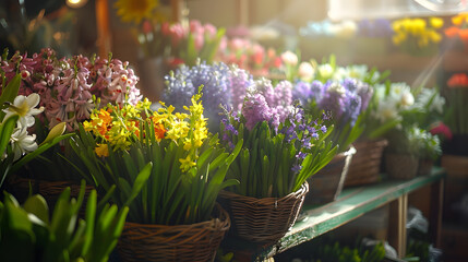 Happy spring mood baskets of flowering plants such as hyacinths daffodils mint kalanchoe in a greek flower shop in springtime Horizontal Daylight Closeup : Generative AI