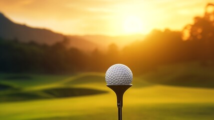 Close-up of golf ball on tee with club at sunset