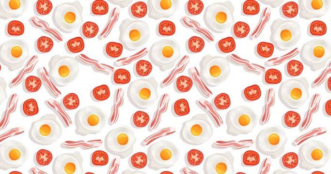 4K animated pattern of eggs, tomato and bacon moving from top to bottom. Breakfast ingredients in a hand-drawn style creating a repeatable background. Horizontal video.