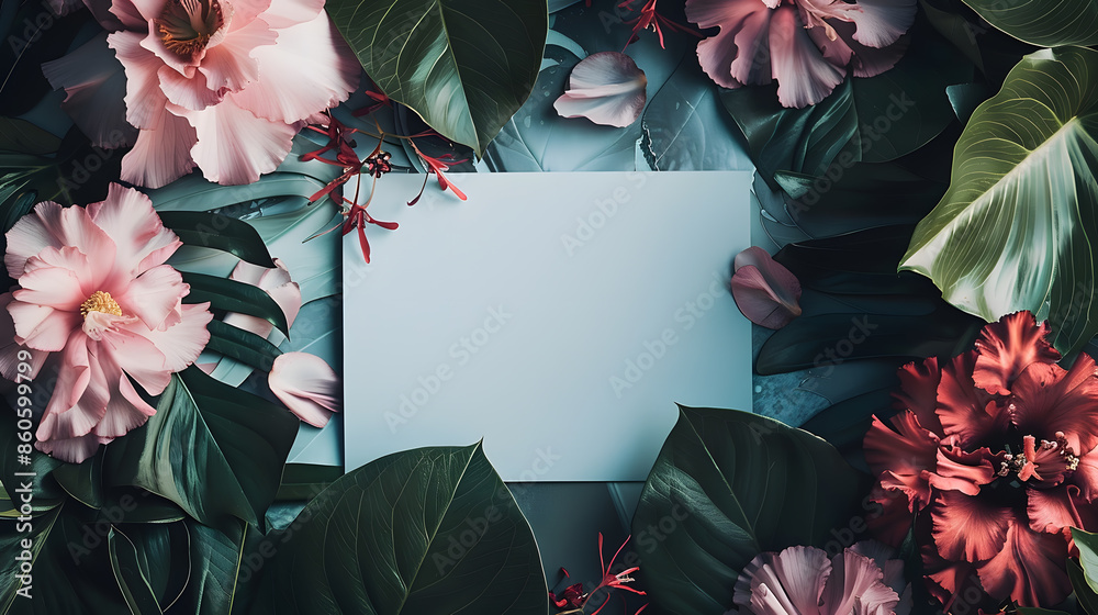 Poster creative layout made of flowers and leaves with paper card note flat lay nature concept : generative