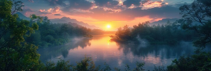 Fototapeta premium Misty Sunset Over a Tranquil Lake and Mountains