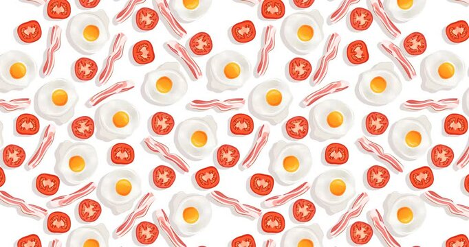 4K animated pattern of eggs, tomato and bacon moving from left to right. Breakfast ingredients in a hand-drawn style creating a repeatable background. Horizontal video.