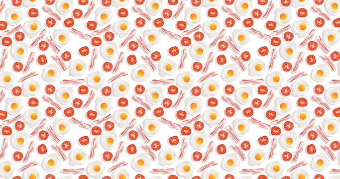 4K animated pattern of eggs, tomato and bacon moving from left to right. Breakfast ingredients in a hand-drawn style creating a repeatable background. Horizontal video.