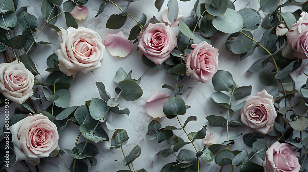 Poster flowers composition made of rose flowers and eucalyptus branches mock up with flowers flat lay top v