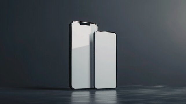 smartphones with blank screens on black background. 3D rendering.