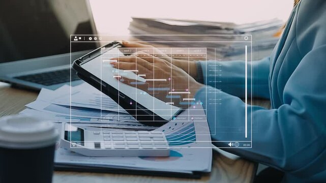 Project manager working with Gantt chart schedule to plan tasks and deliverables. Scheduling activities with a planning software, Corporate strategy for finance, operations, sales, marketing.