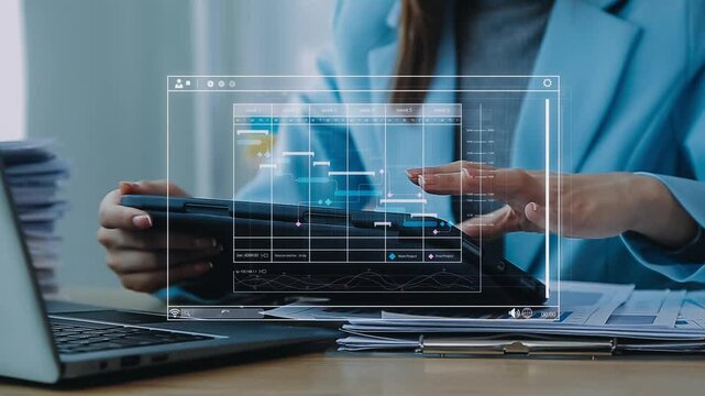Project manager working with Gantt chart schedule to plan tasks and deliverables. Scheduling activities with a planning software, Corporate strategy for finance, operations, sales, marketing.