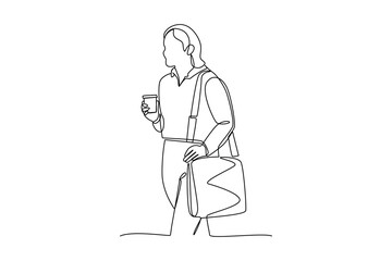 Simple continuous one line drawing of a woman goes to work while enjoying a cup of coffee. Daily Activities minimalist conept. Simple vector illustration.