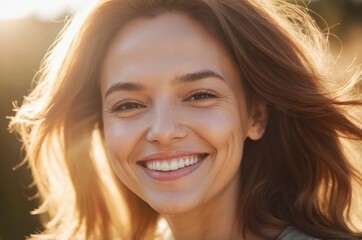 Fototapeta premium Young woman with long brown hair smiles warmly illuminated golden light of setting sun