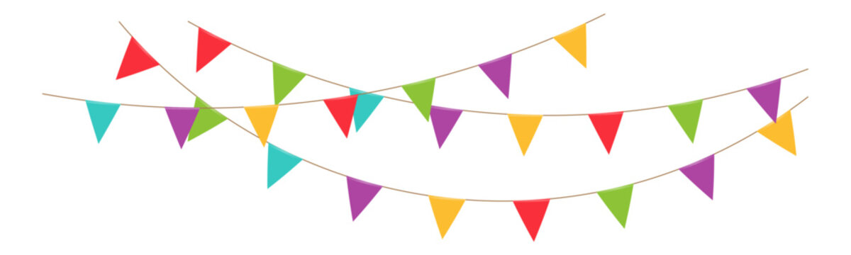 Carnival garland festival hanging bunting flags isolated on transparent background. Festival decoration element. Vector illustration.