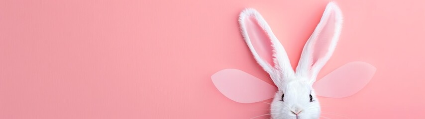 Obraz premium White rabbit with transparent fairy wings on a pink background. Concept: Dreams and fantasies, creativity, pets, children's fairy tales, inspiration