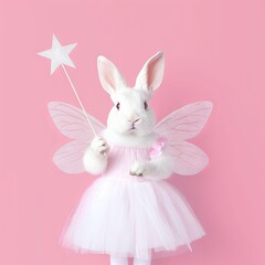 Obraz premium Fairy rabbit in a pink dress with a magic wand and wings. Concept: Magic and love, romance, fairy-tale characters, children's fantasies,