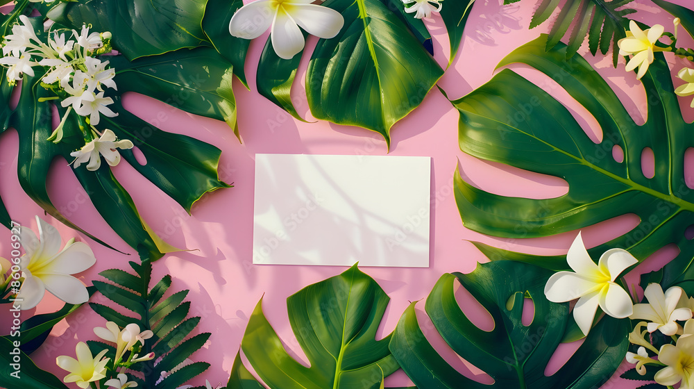 Poster creative layout made of flowers and leaves with paper card note flat lay nature concept : generative