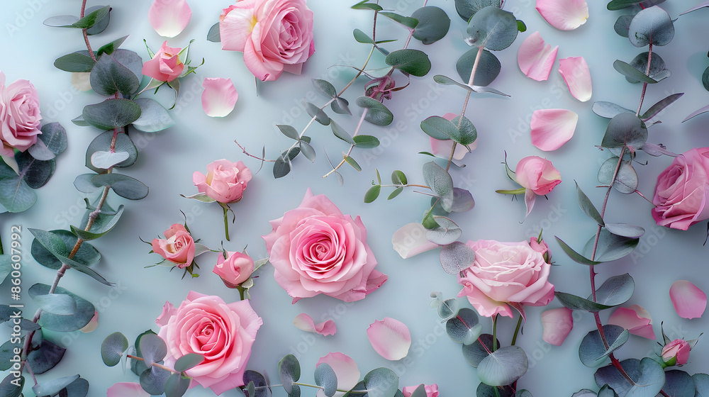 Poster flowers composition made of rose flowers and eucalyptus branches mock up with flowers flat lay top v