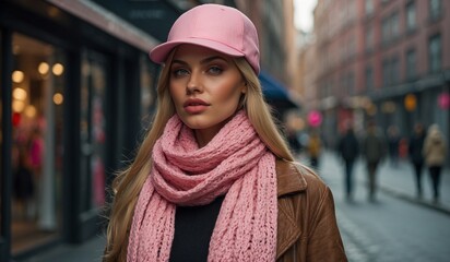 Woman in pink attire with a city backdrop