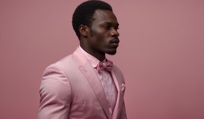 Obraz premium Man in elegant pink suit posing against pink backdrop.