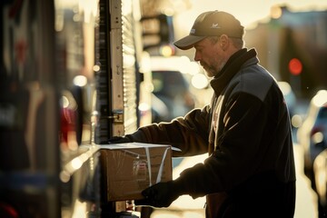 Deliveryman Loading Packages into Van at Sunrise for Efficient Morning Deliveries