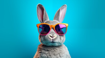 Cool bunny with sunglasses on colorful background.