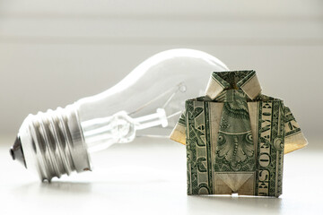 Shirt with dollar bill and incandescent light bulb on white background, money and electricity