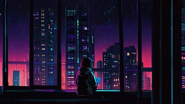 Lofi Girl studies in a high-rise apartment with rain gently falling on the window, city lights reflecting off the wet streets below, zoom OBS, anime chill hip hop. Cyan purple colours manga style