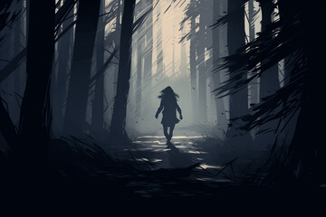 Silhouette of Woman Running in Moonlit Forest, Digital Art