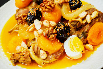 meal with meat and sweet fruit