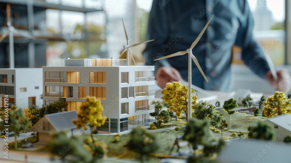 Poster A man is standing in front of a model of a building with two wind turbines
