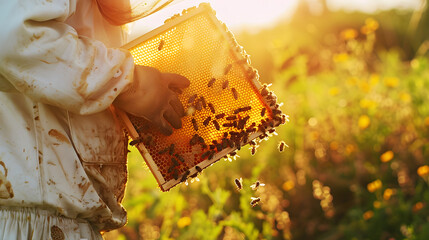 Person worker in beekeeper suit taking frame full of bees and honeycomb from beehive working with honey collecting removing Apriculture sericulture concept in apriary in sunflwoers fie : Generative AI