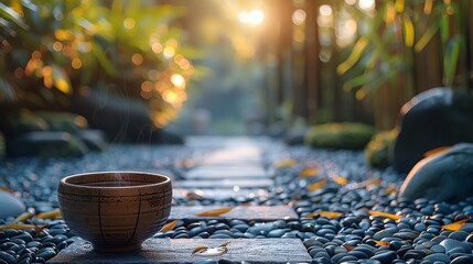 Zen Tea Garden A peaceful tea garden with calming decor and blank space ideal for adding wellness and inspirational messages