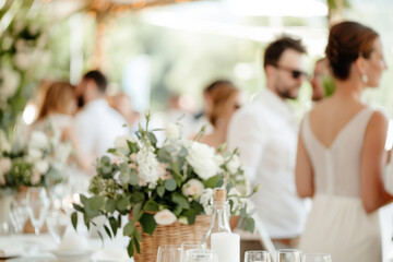 Elegant outdoor wedding reception with beautiful floral decorations and blurred guests in the background, creating a romantic atmosphere.