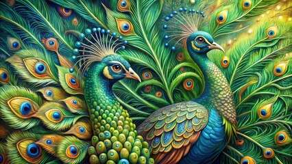 Obraz premium Vibrant peacock feathers unfolding in intricate designs, surrounded by lush greenery, await gentle strokes of soothing stress-relieving creativity.