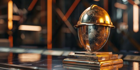 Safety Excellence Trophy A bronze safety excellence trophy detailed hard hat and shield vibrant colors 