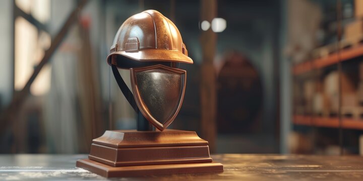 Safety Excellence Trophy A bronze safety excellence trophy detailed hard hat and shield vibrant colors high-resolution textures 