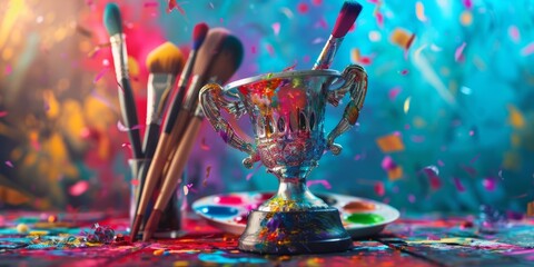 Artistic Achievement Trophy Celebration A silver artistic achievement trophy with confetti detailed paintbrush and palette 