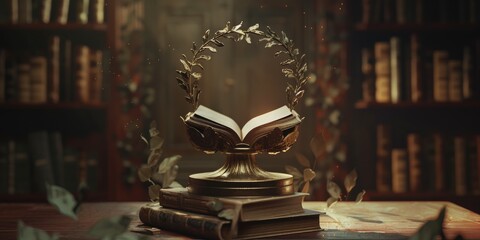 Academic Achievement Trophy A bronze academic achievement trophy detailed book and laurel wreath 