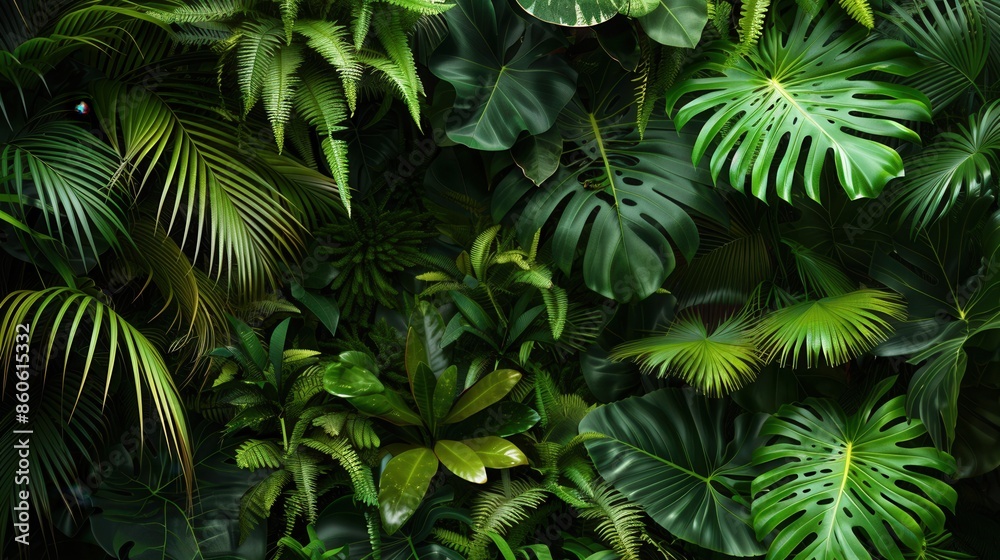 Aufkleber a close-up view of a dense tropical rainforest filled with lush green foliage. generative ai