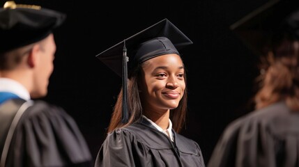 Obraz premium A young graduate in a cap and gown smiles proudly at her graduation ceremony, surrounded by academic officials on stage.