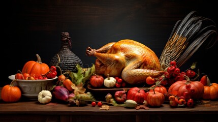 A Thanksgiving feast setup featuring a roasted turkey surrounded by pumpkins, gourds, and other autumnal decorations, creating a festive and warm atmosphere.